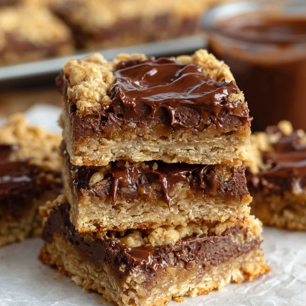 Homemade Oatmeal Fudge Bars with oat base, gooey chocolate layer, crumbly topping, and flaky sea salt.