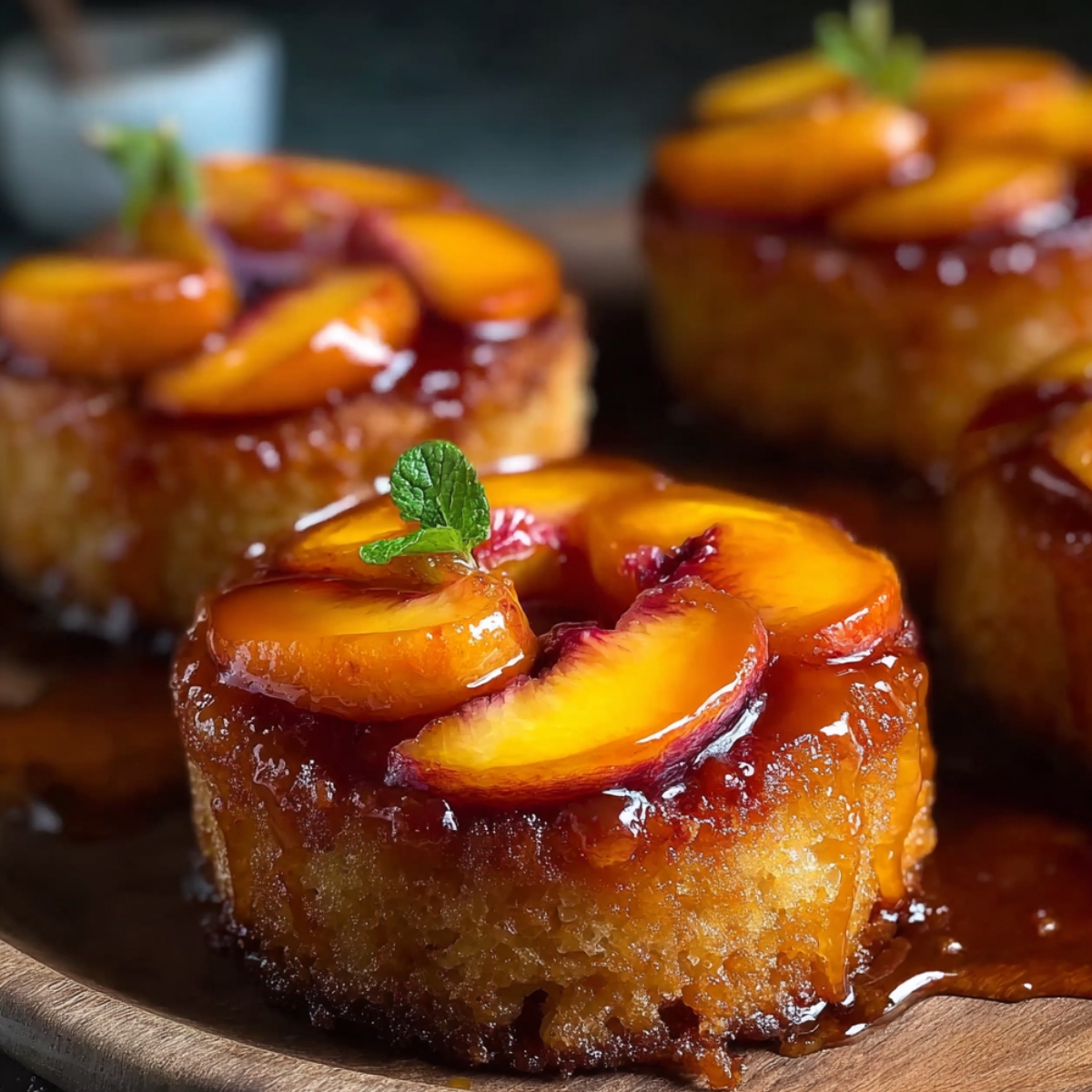 Homemade Peach Upside Down Mini Cakes topped with caramelized peaches and mint on a wooden platter.