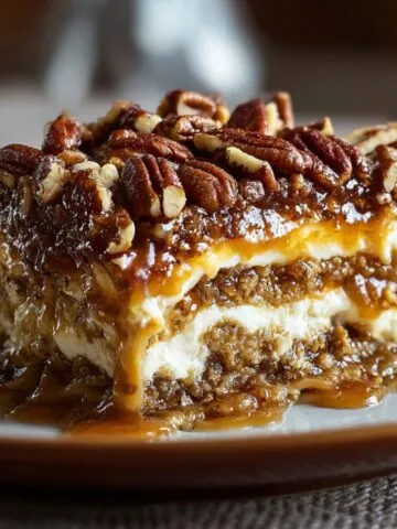 Homemade Pecan Pie Lasagna Recipe on a white plate, with layers of creamy filling, caramel-soaked pecans, and syrup dripping down the sides. The top is piled with glossy toasted pecans, and the dessert looks rich, gooey, and rustic.