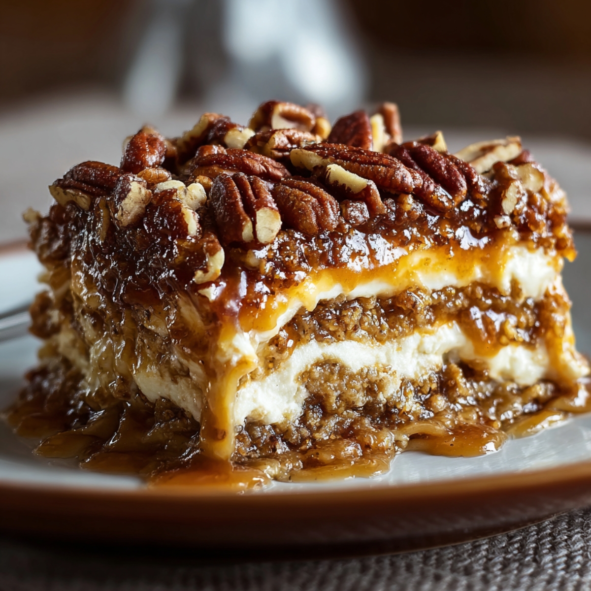 Homemade Pecan Pie Lasagna Recipe on a white plate, with layers of creamy filling, caramel-soaked pecans, and syrup dripping down the sides. The top is piled with glossy toasted pecans, and the dessert looks rich, gooey, and rustic.