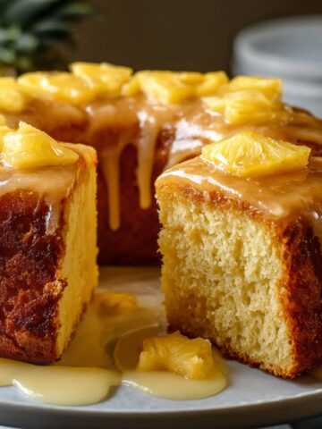 Homemade Pineapple Juice Cake with glaze and pineapple chunks on top.