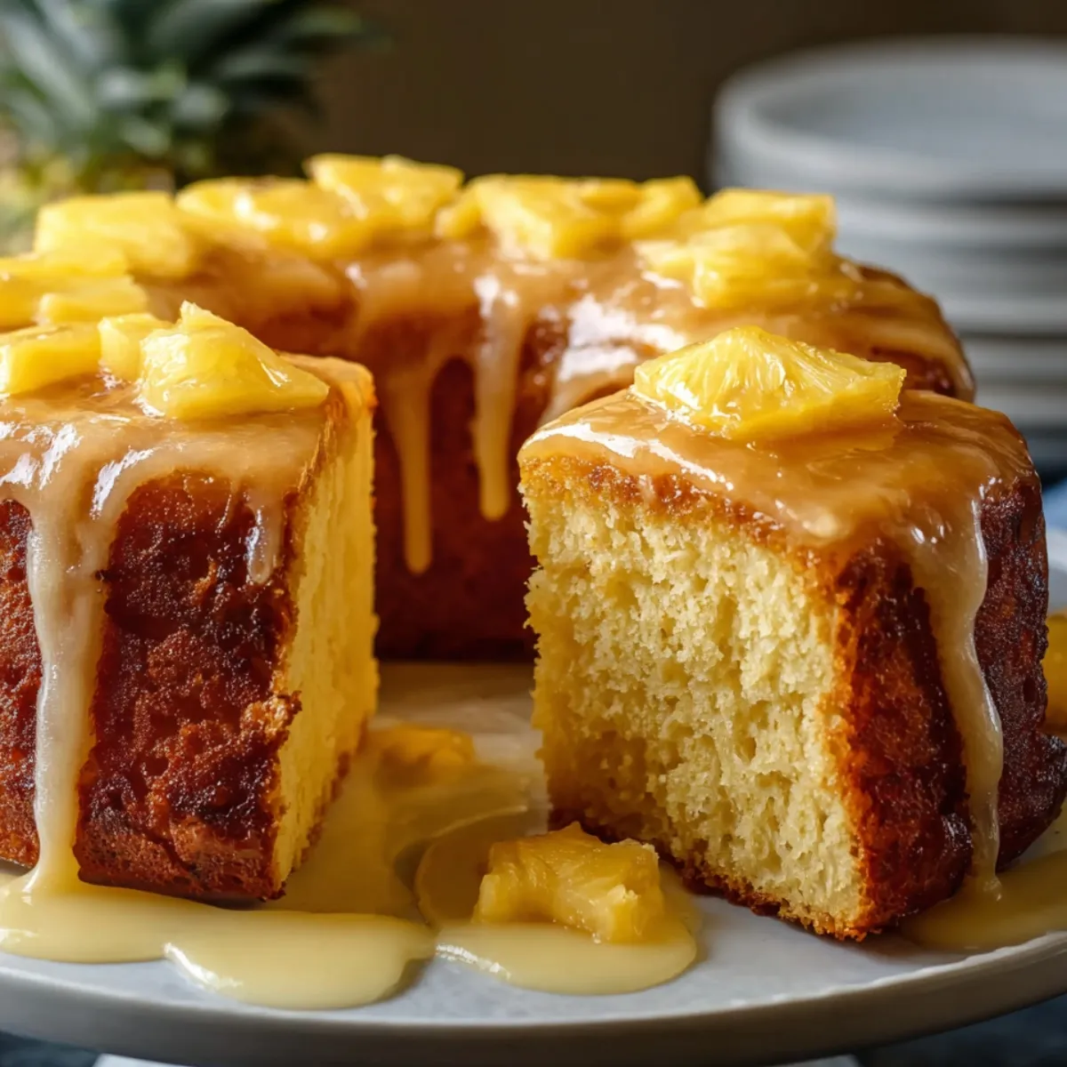 Homemade Pineapple Juice Cake with glaze and pineapple chunks on top.