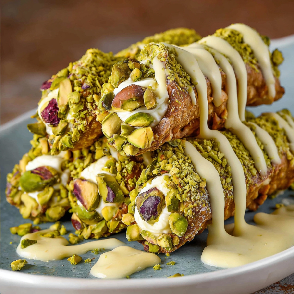 Homemade pistachio cannoli with ricotta cream, pistachio coating, and cream drizzle.