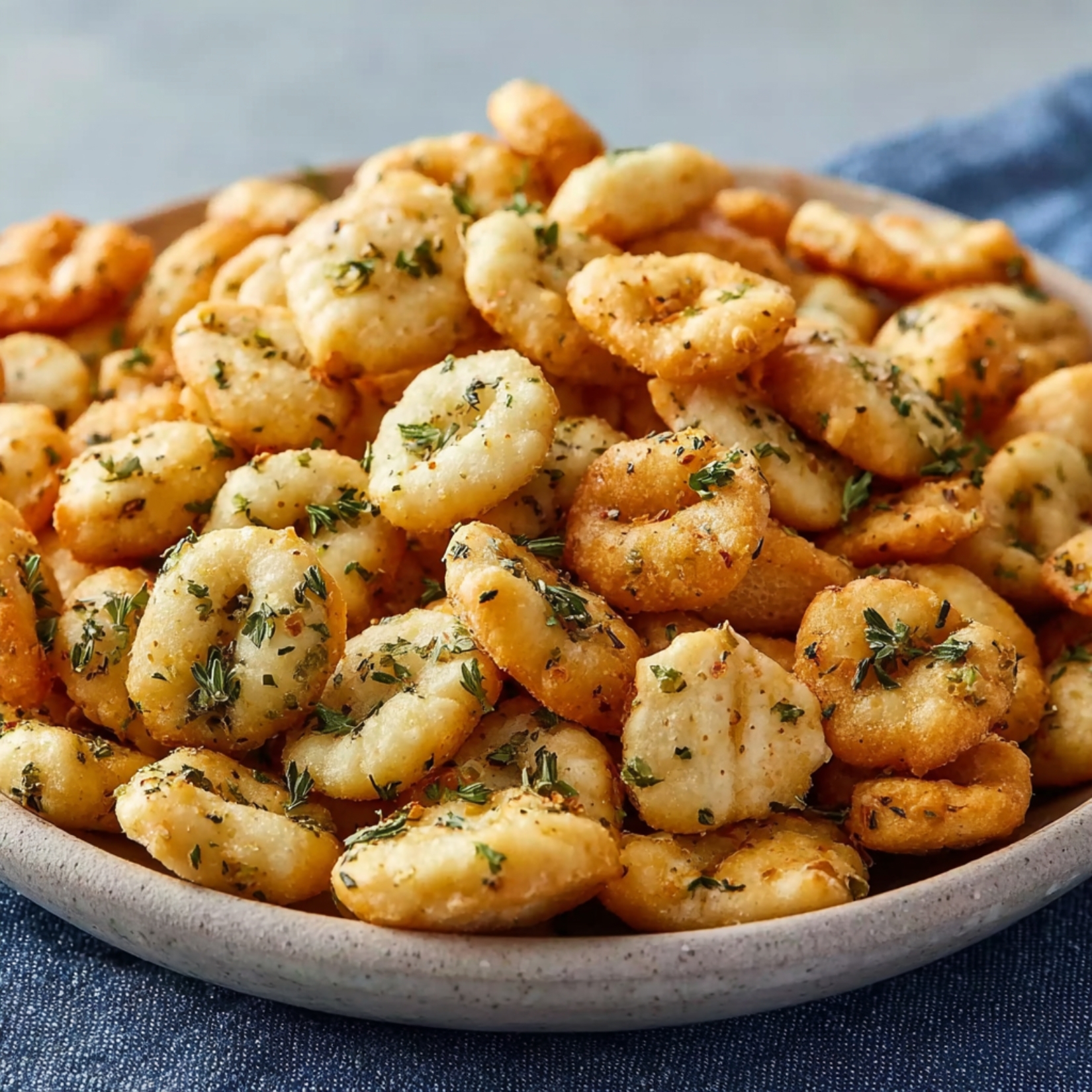 Homemade ranch oyster crackers in a shallow ceramic bowl, golden brown and coated with herbs.