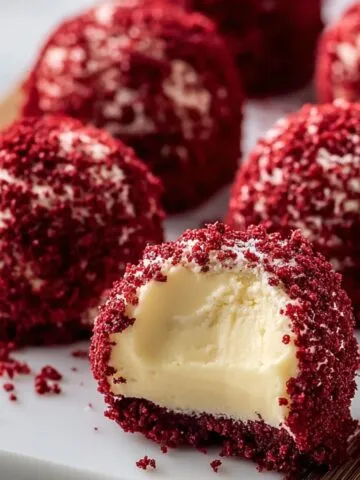 Homemade red velvet cheesecake bites on a white serving board, coated in vibrant red cake crumbs with creamy cheesecake centers, one with a bite taken out.