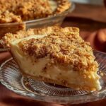 Homemade Sawdust Pie on a glass plate, with creamy filling, nutty topping, and the rest of the pie in the background.