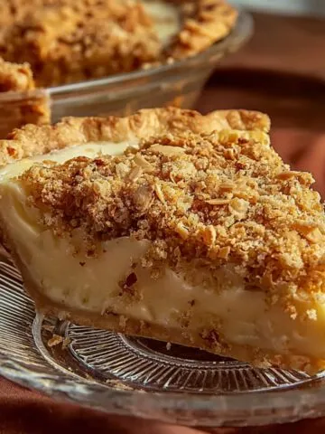 Homemade Sawdust Pie on a glass plate, with creamy filling, nutty topping, and the rest of the pie in the background.
