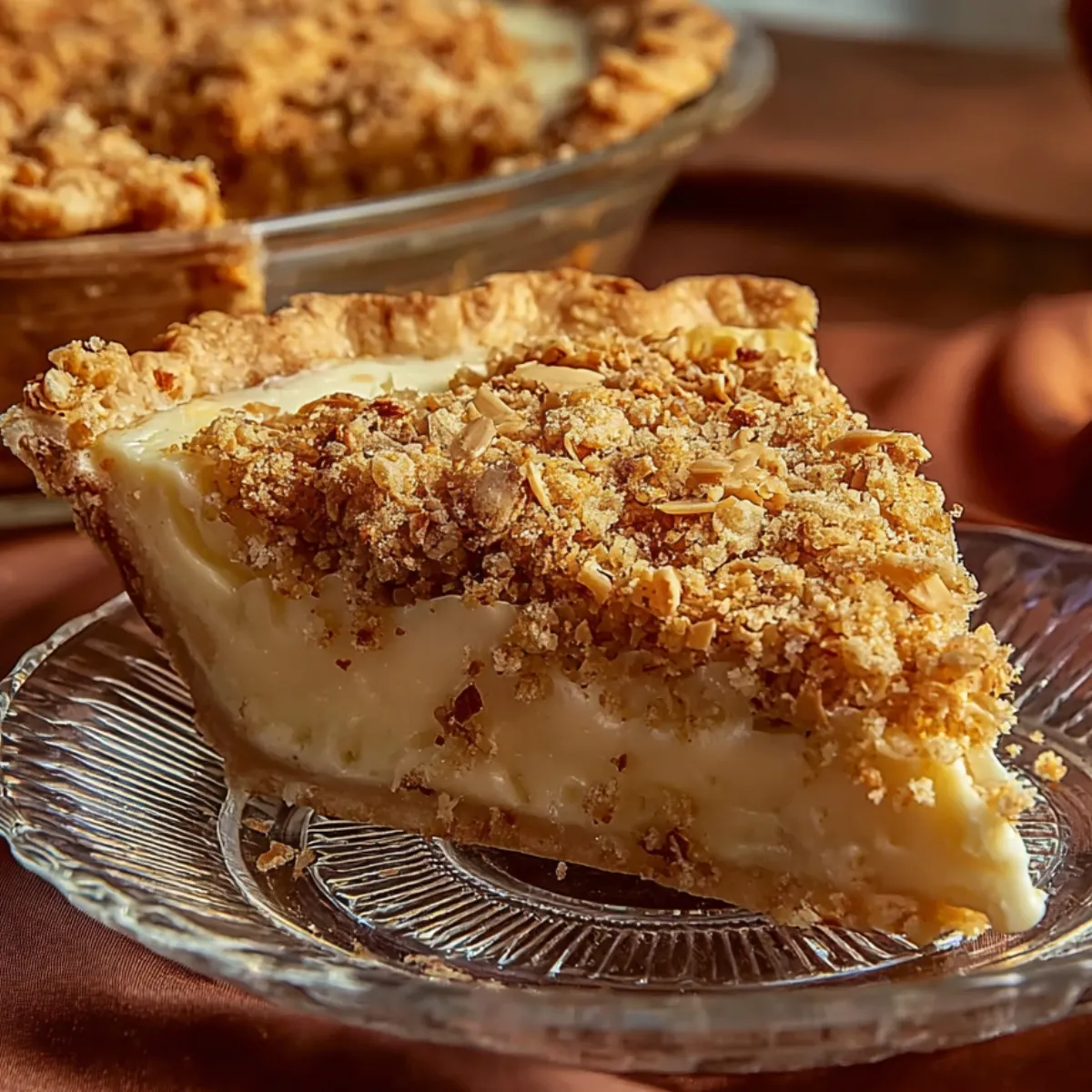 Homemade Sawdust Pie on a glass plate, with creamy filling, nutty topping, and the rest of the pie in the background.