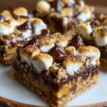 Homemade S'mores Bars with a graham cracker crust, gooey chocolate layer, and toasted mini marshmallows topped with chocolate chips.