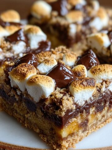 Homemade S'mores Bars with a graham cracker crust, gooey chocolate layer, and toasted mini marshmallows topped with chocolate chips.
