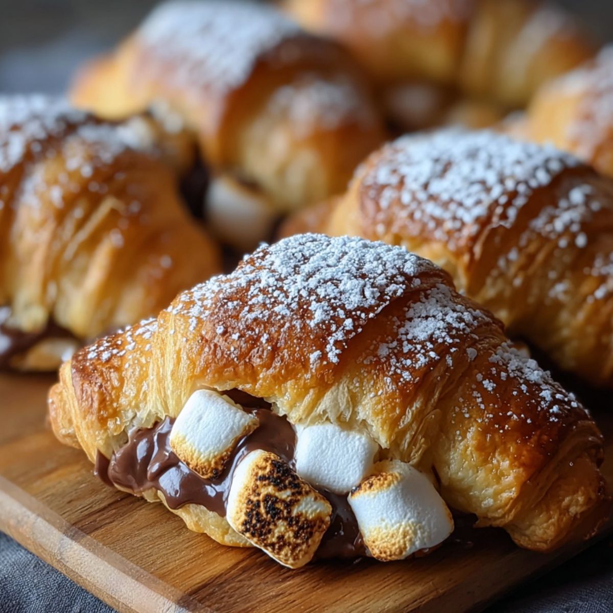 Homemade S'mores Crescent Rolls with toasted marshmallows and melted chocolate, dusted with powdered sugar.