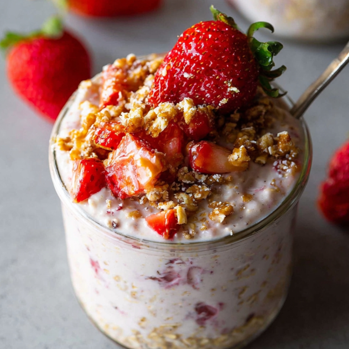 Jar of strawberry cheesecake overnight oats topped with fresh strawberries, oats, and syrup with a spoon.