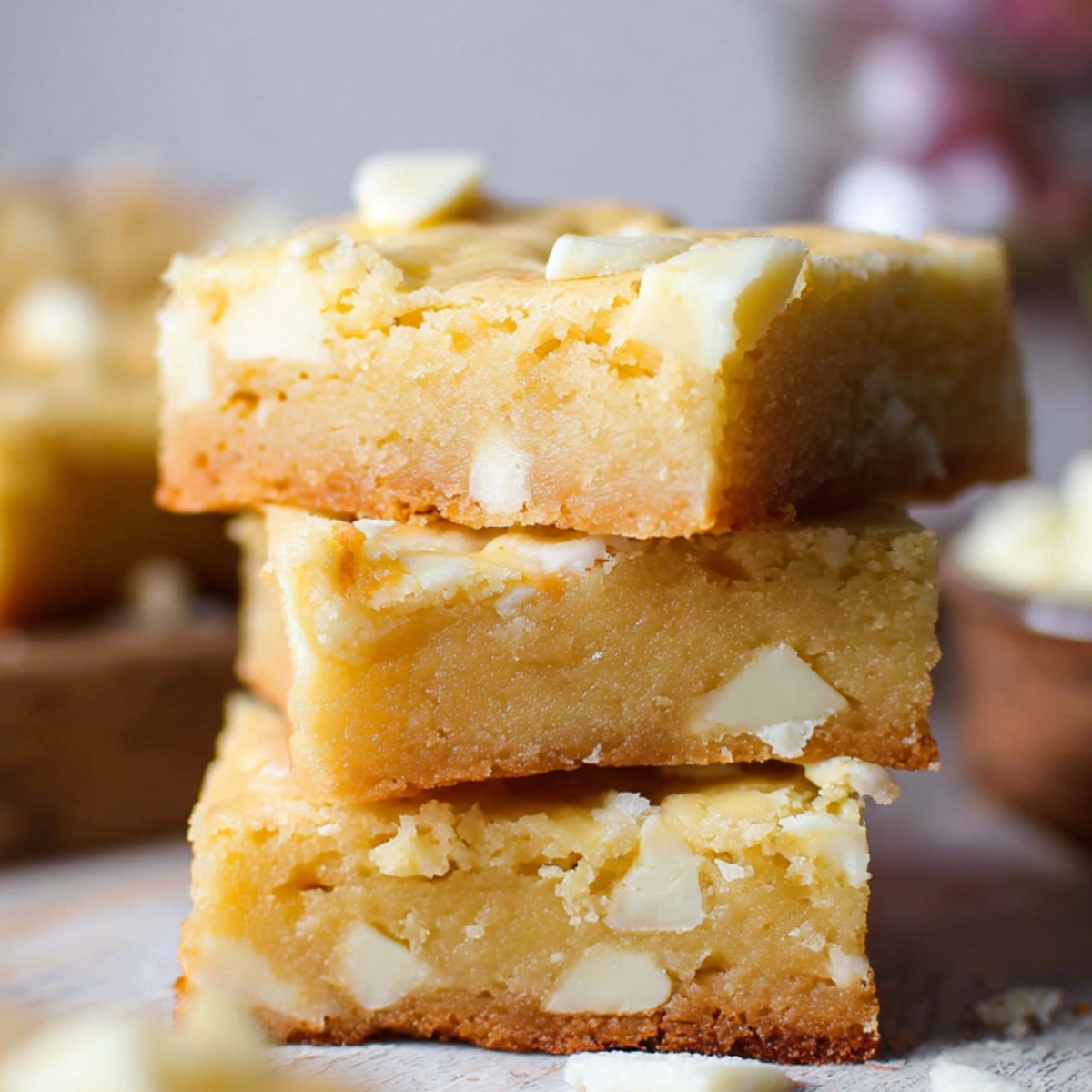 Homemade White Chocolate Brownies with chunks inside, on a rustic wooden surface.