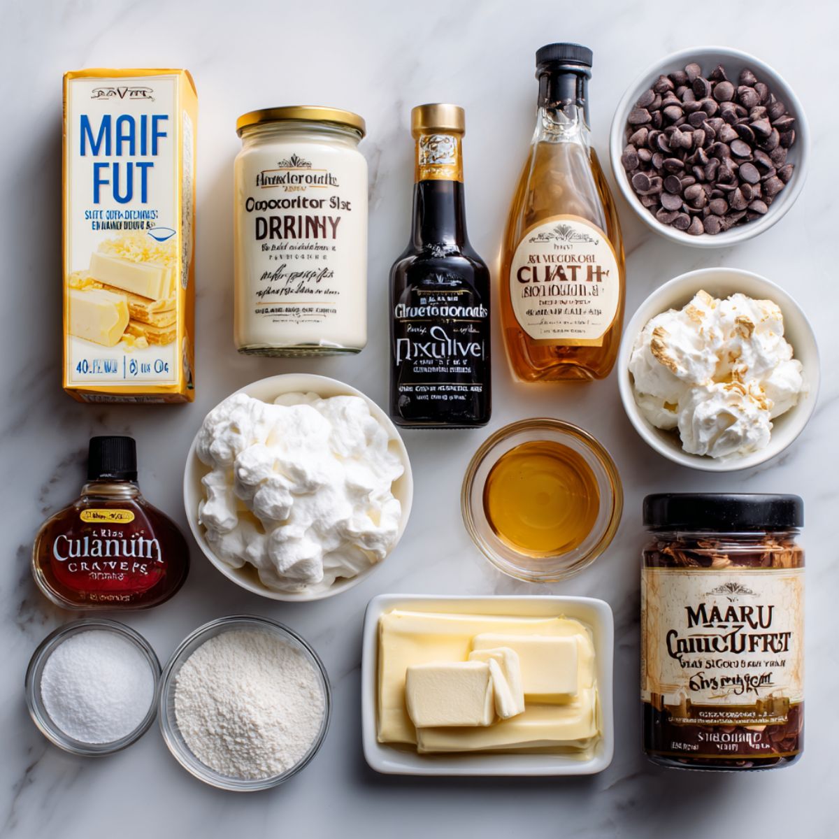 Overhead view of butter, marshmallow fluff, vanilla, corn syrup, chocolate chips, sugars, and cocoa arranged on a white marble countertop.