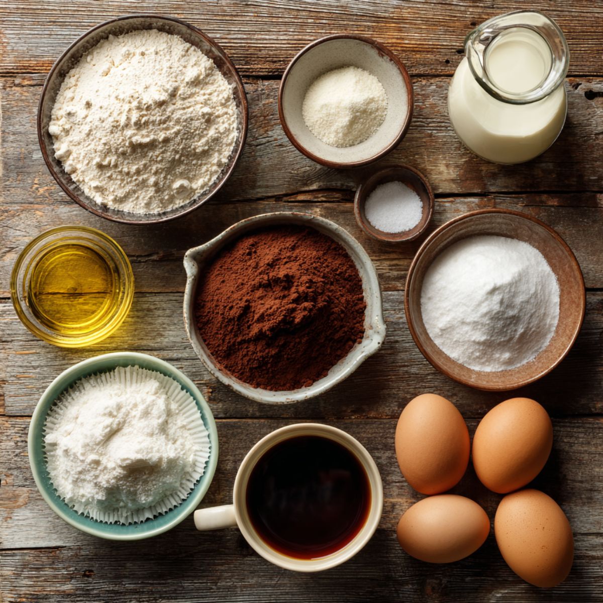 Overhead view of flour, cocoa, sugar, oil, buttermilk, eggs, coffee, salt, and milk powder arranged on a rustic wooden table.