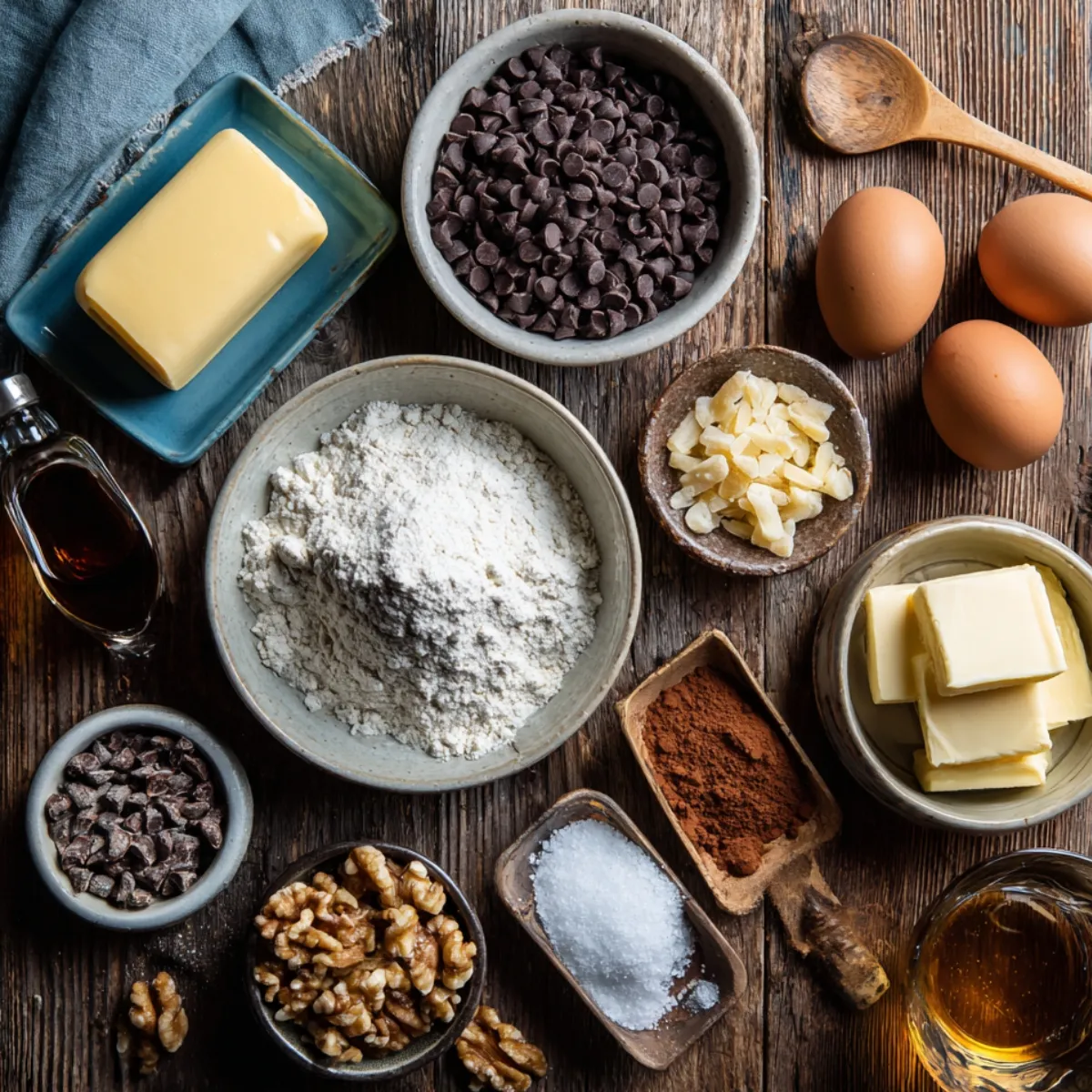 Homemade hot fudge pie ingredients on a rustic wooden table, including butter, chocolate chips, flour, cocoa, eggs, sugar, walnuts, vanilla, and bourbon, arranged in bowls and dishes with a cozy kitchen feel.