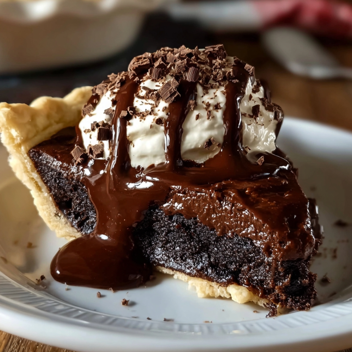 Slice of hot fudge pie with whipped cream, chocolate sauce, and shavings on a white plate.