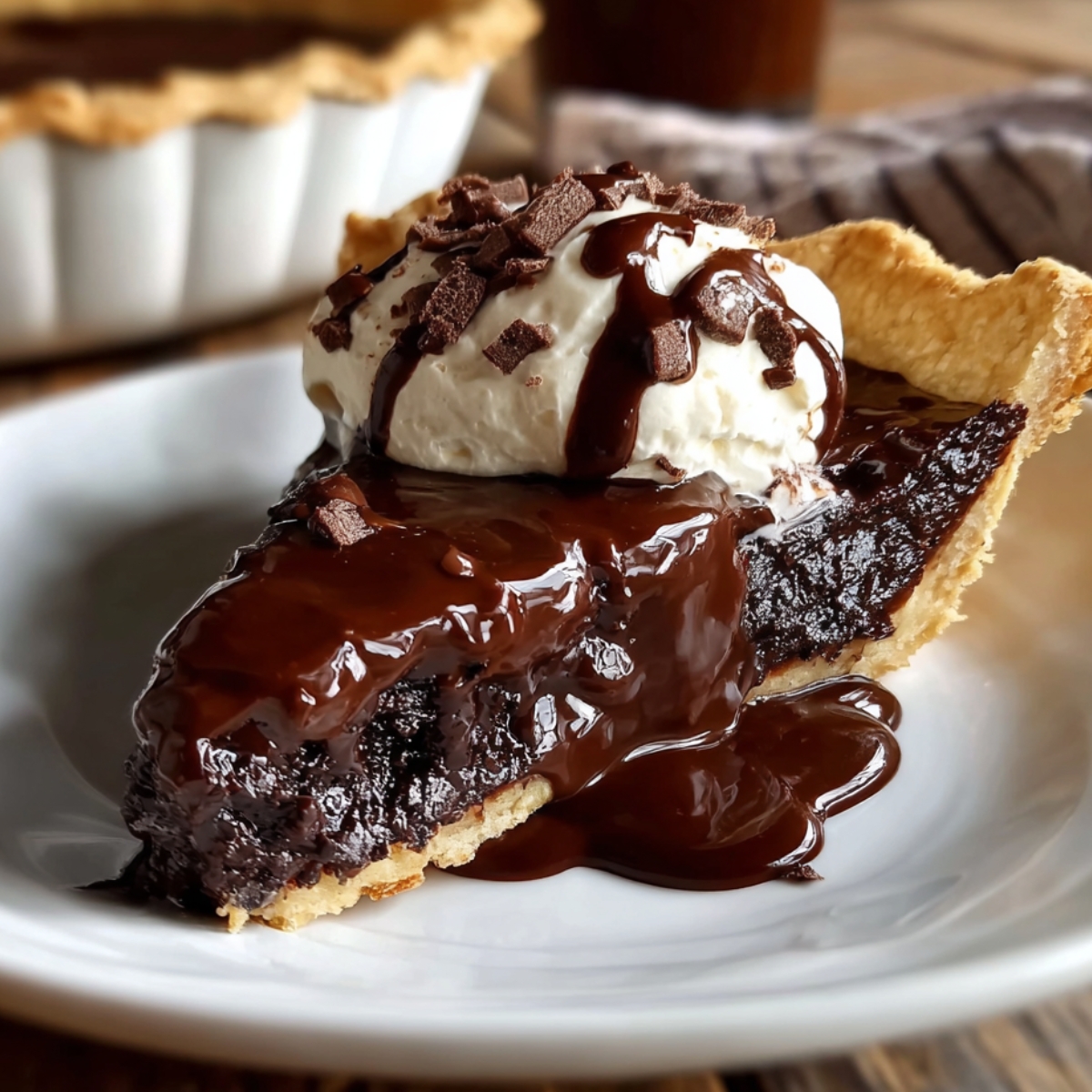 Slice of hot fudge pie with whipped cream, chocolate sauce, and shavings on a white plate.