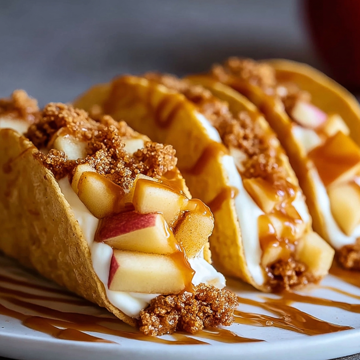 Homemade apple cheesecake tacos with cinnamon sugar shells, creamy filling, spiced apples, and caramel drizzle on a wooden board.
