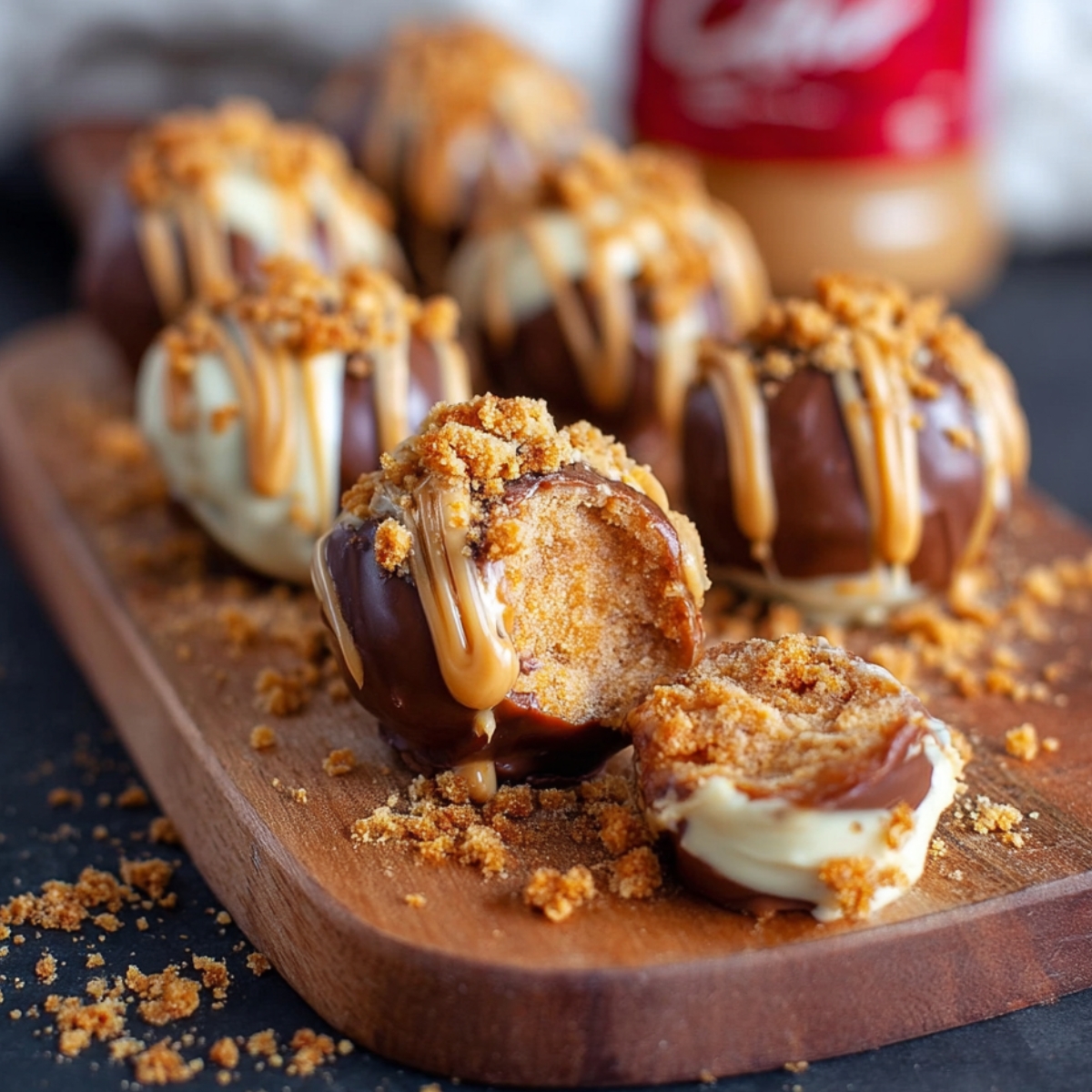 Homemade Biscoff truffles coated in white chocolate, drizzled with Biscoff spread, and topped with crushed cookies. One truffle is bitten to show the soft, spiced center.