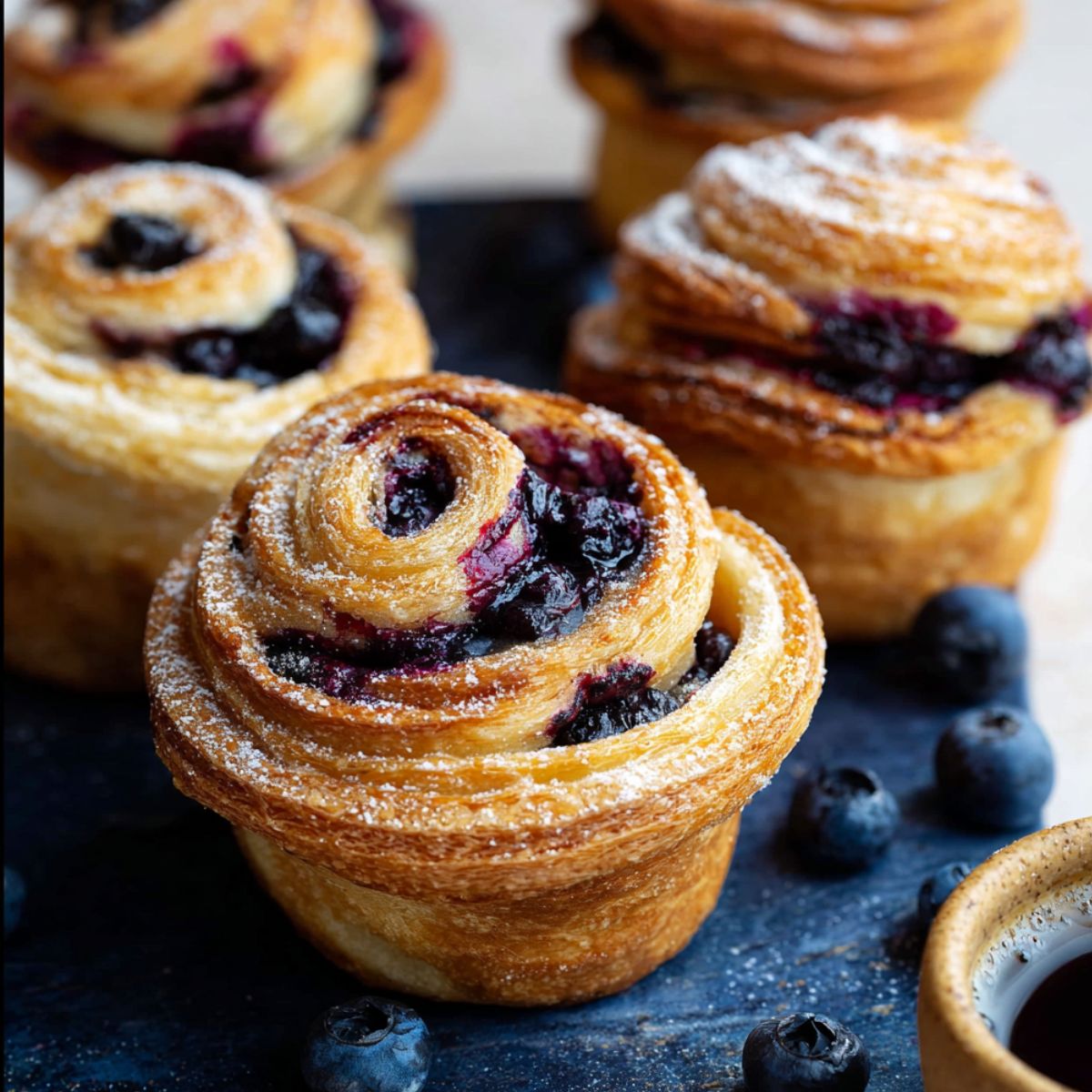 Golden flaky blueberry cruffins on a dark board, filled with baked blueberries, dusted with powdered sugar, with fresh blueberries scattered around and a rustic cup partly in view.