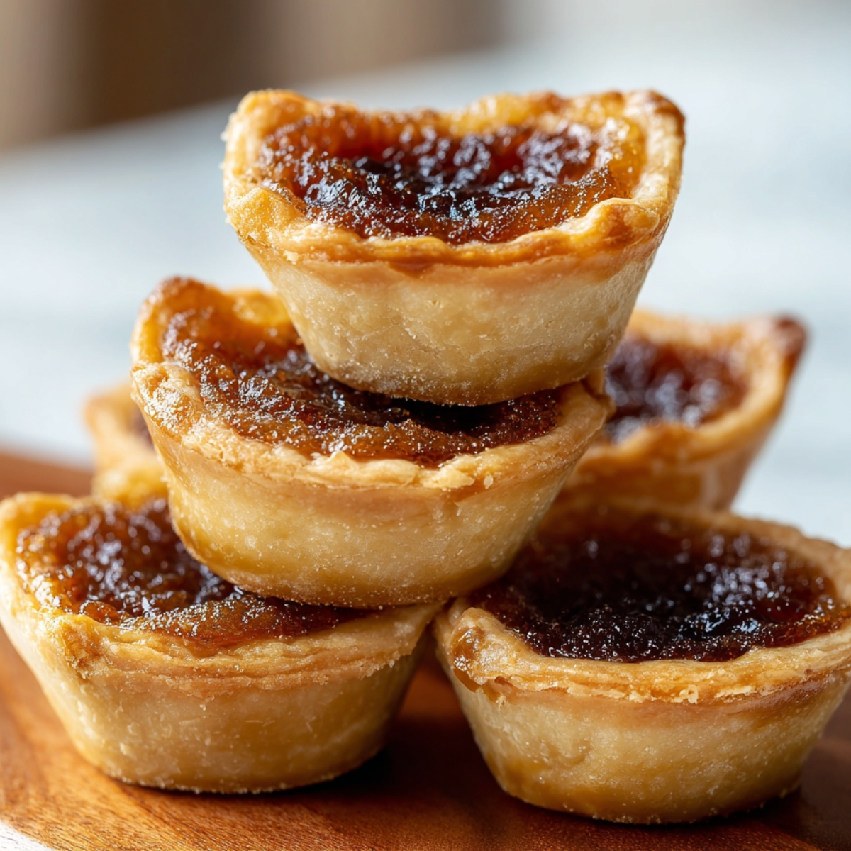 Stack of golden, homemade butter tarts with flaky, slightly uneven pastry edges and rich, gooey brown sugar filling glistening on top, set on a wooden board with a softly blurred background.