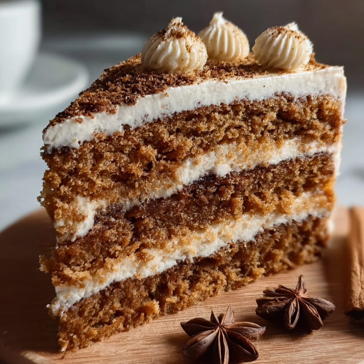 Homemade chai spice cake slice with spiced layers, creamy frosting, and spice garnish, served with star anise and cinnamon.