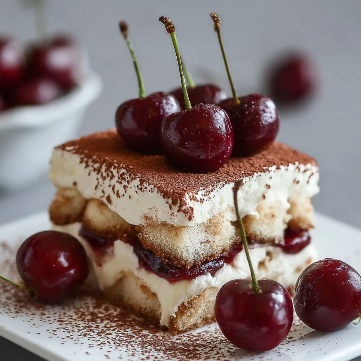 Close-up of homemade Cherry Amaretto Tiramisu slice with layers of mascarpone, cherry filling, soaked ladyfingers, cocoa dusting, and fresh cherries on top and around the plate.