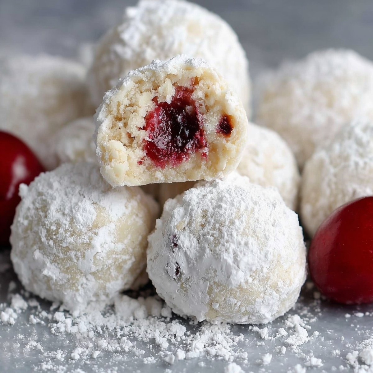 Cherry snowball cookies with whole cherries inside, coated in powdered sugar on a white plate.