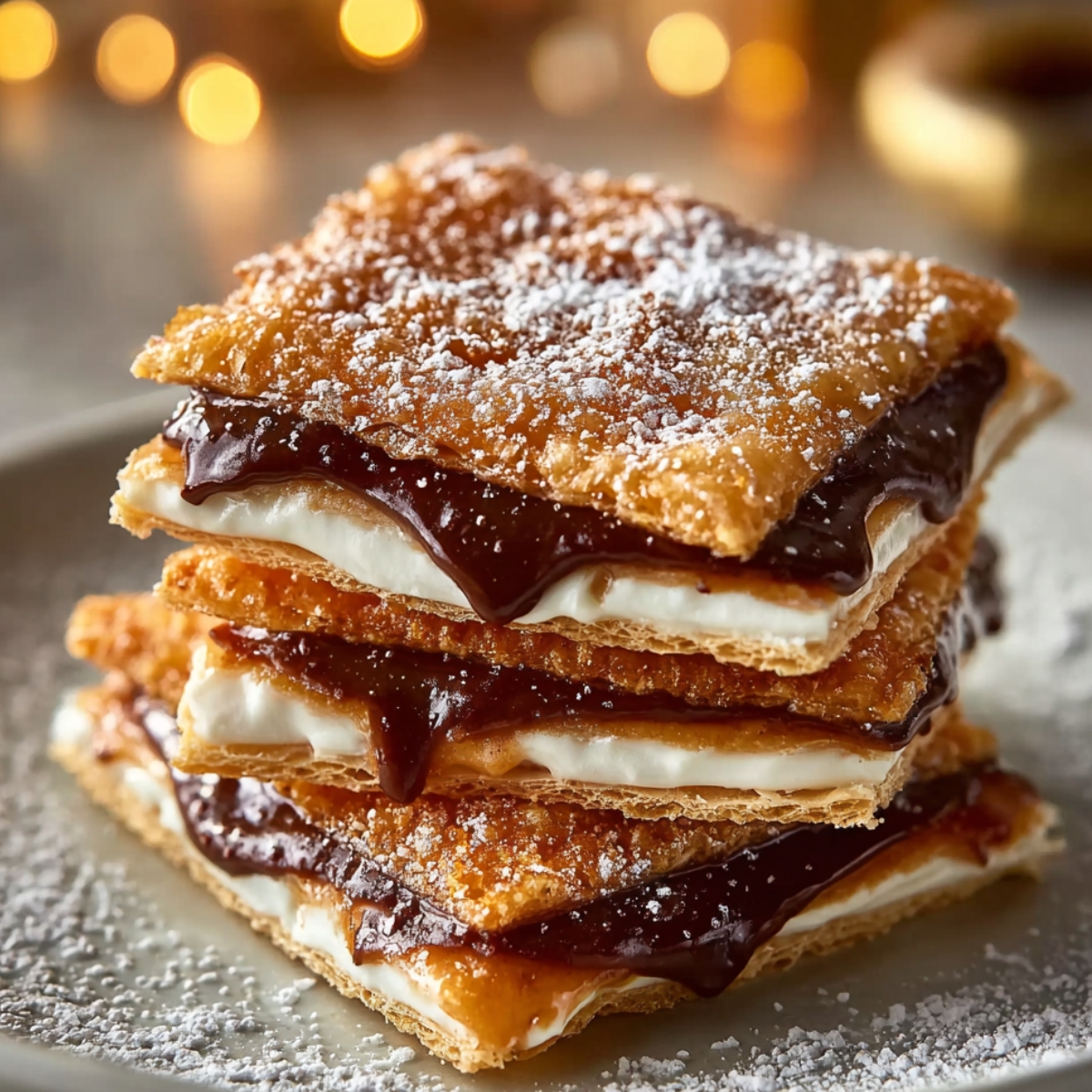 Stack of homemade churro saltine toffee on a beige plate, with golden crackers, caramel, creamy filling, glossy dark chocolate, and a dusting of powdered sugar, set against a warm, festive background.