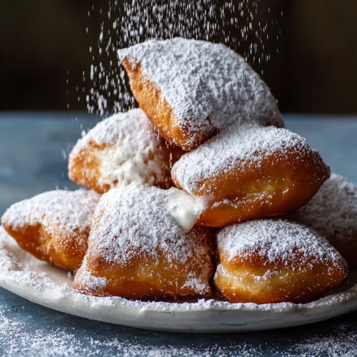 Golden brown French beignets stacked on a plate, dusted with powdered sugar. One pastry is bitten open, showing a creamy filling inside, giving a cozy homemade feel.