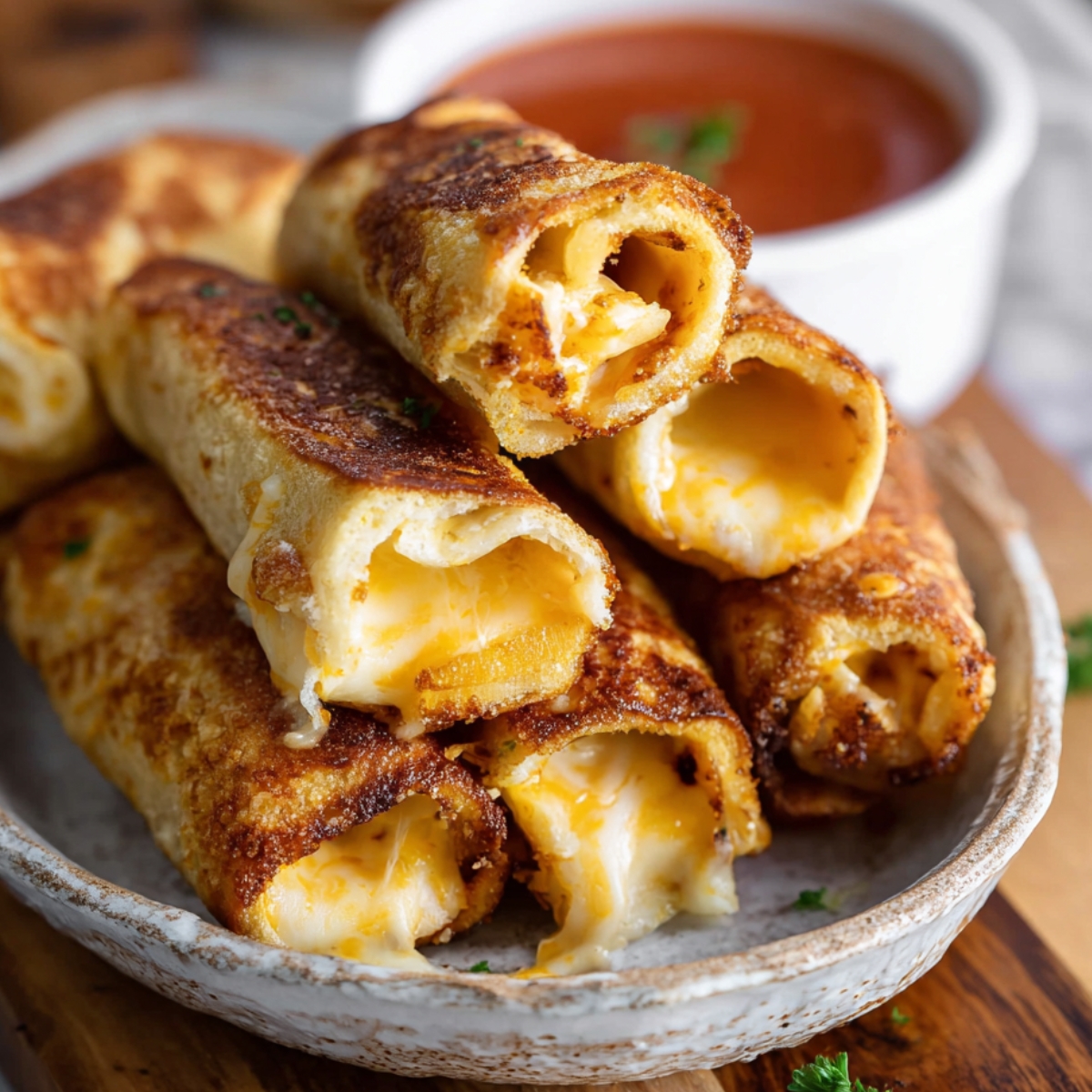 Stack of crispy grilled cheese roll ups with melted cheese inside on a wooden plate.