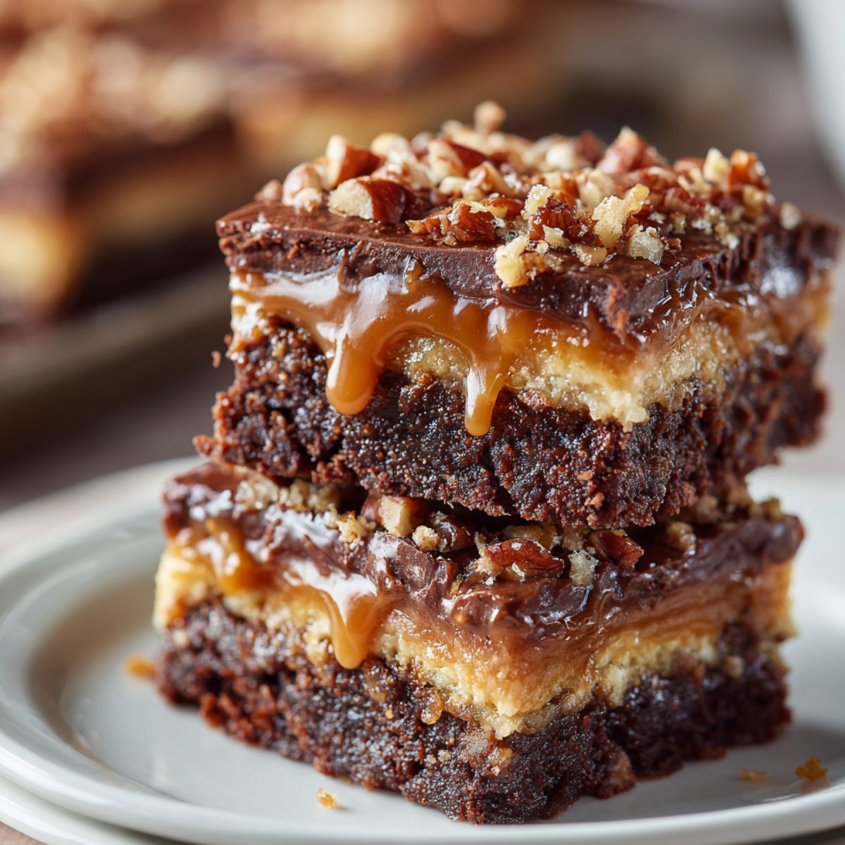Stacked homemade Knock You Naked Bars with gooey caramel, fudgy chocolate layers, and chopped pecans on top, served on a white plate with a rustic, fresh-baked look.