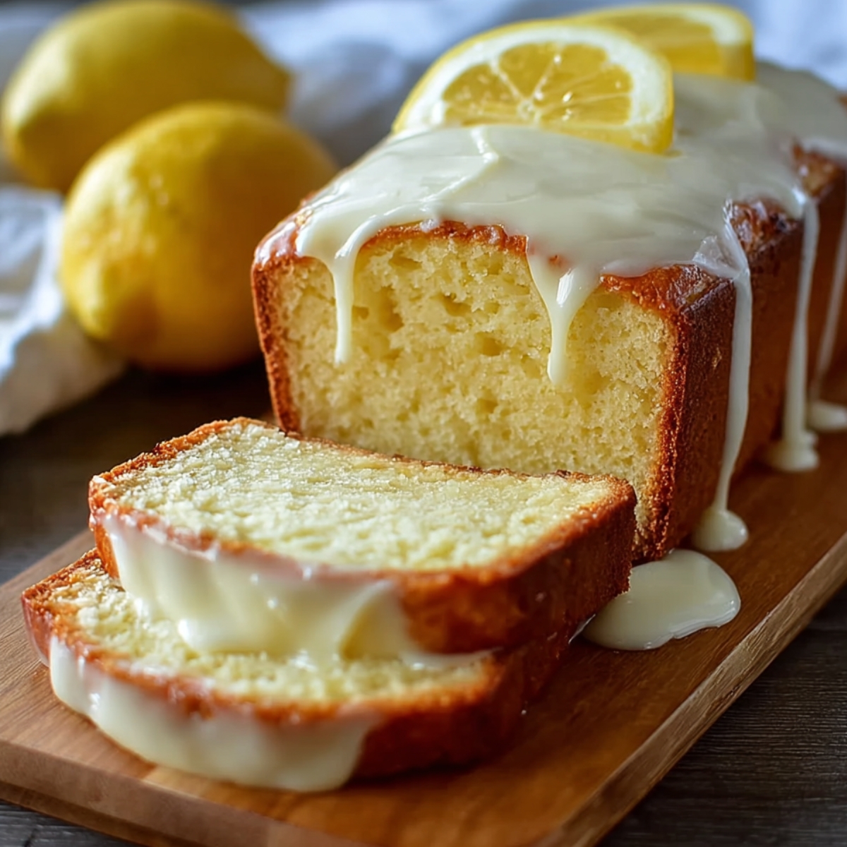 Homemade lemon cream cheese bread on a wooden board with parchment, topped with dripping lemon glaze and lemon slices, one slice cut to show moist crumb; whole and halved lemons blurred in the background.