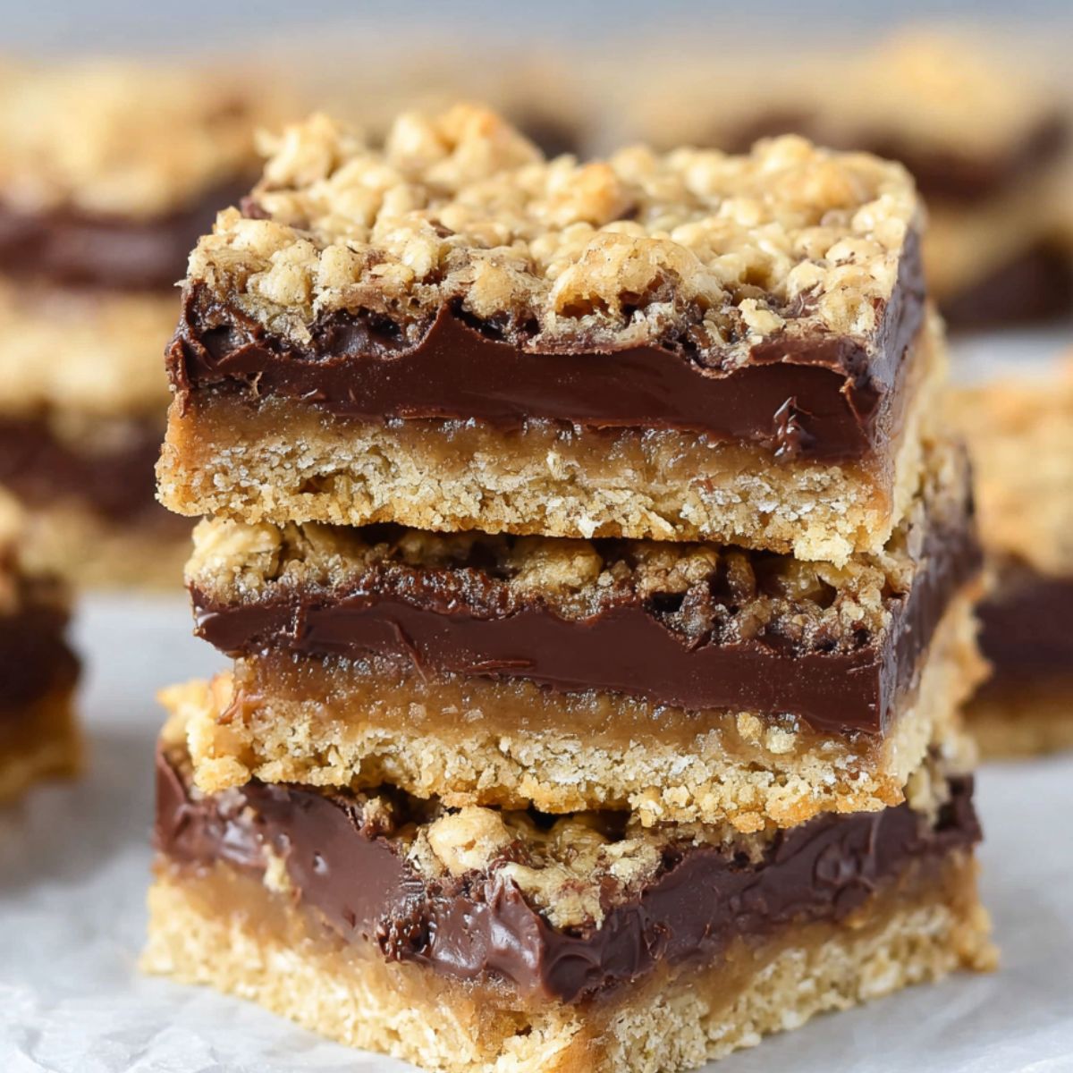 Stack of homemade oatmeal fudge bars with oat crust, caramel layer, glossy chocolate, and crumbly topping.