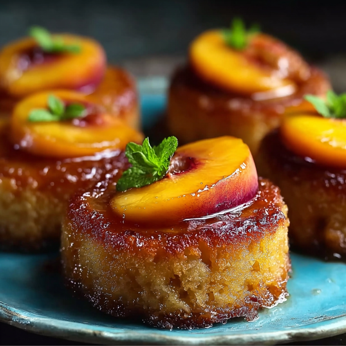 Homemade peach upside down mini cakes with caramelized peaches and mint on a turquoise plate.