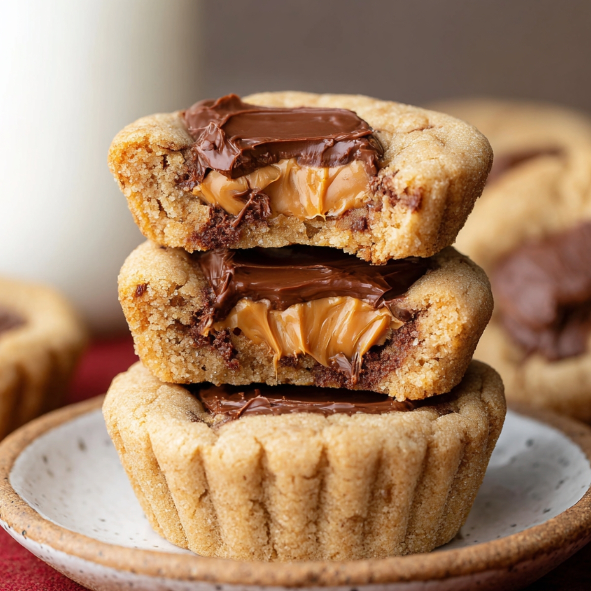 A rustic top-down view of peanut butter cup cookies ingredients arranged on a wooden surface, including bowls of creamy peanut butter, brown sugar, flour, white sugar, vanilla extract, salt, baking soda, and a whole egg.