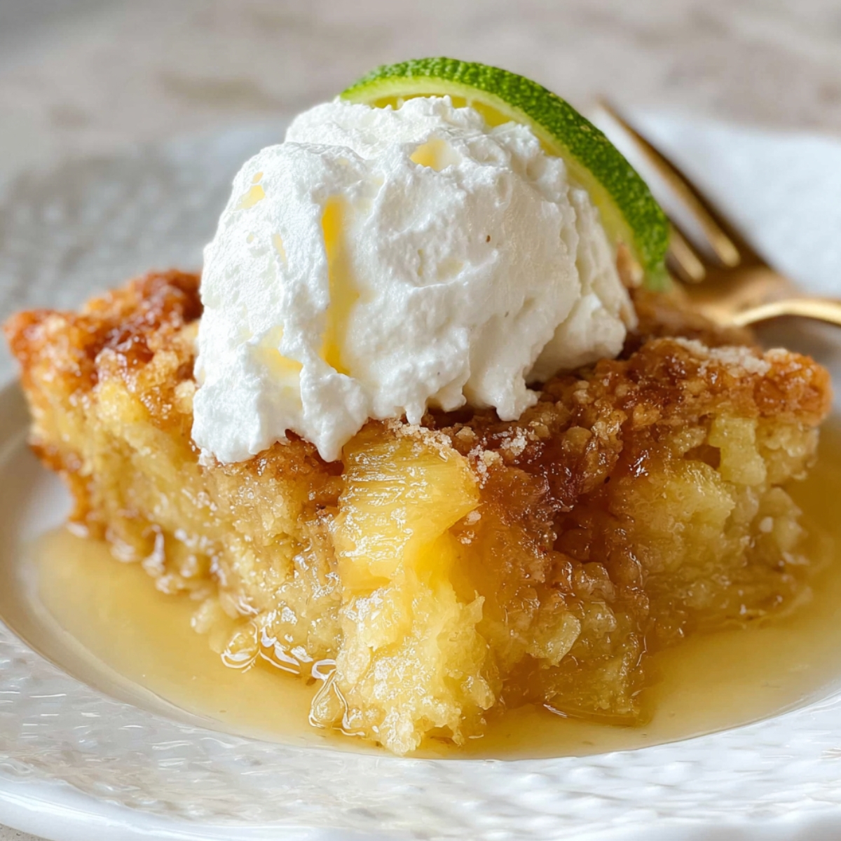 Slice of homemade pineapple dump cake topped with whipped cream and a lime slice, served on a white plate with syrup and a gold fork.