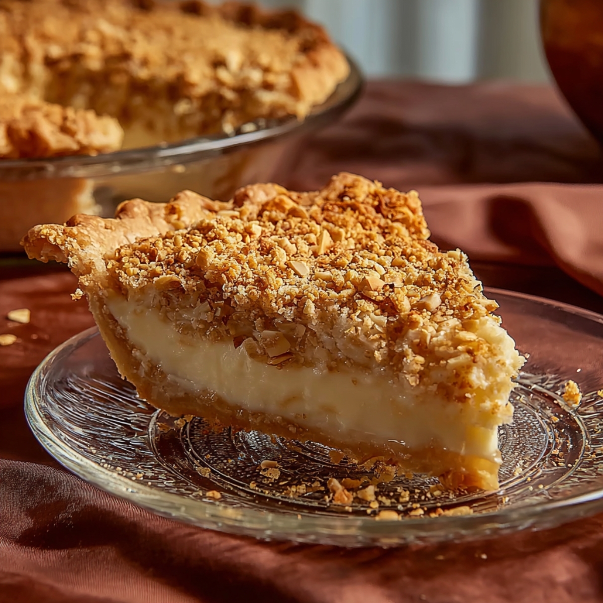 Slice of homemade sawdust pie with flaky crust, creamy filling, and crumbly nut topping on a glass plate.