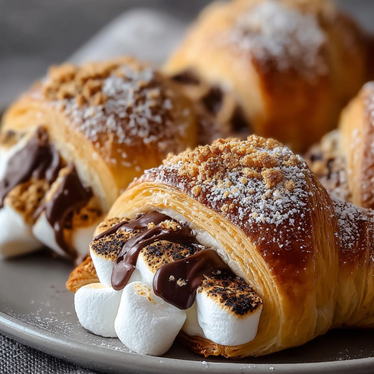Flaky golden S'mores Crescent Rolls with toasted marshmallows, melted chocolate, and graham crumbs, dusted with powdered sugar.