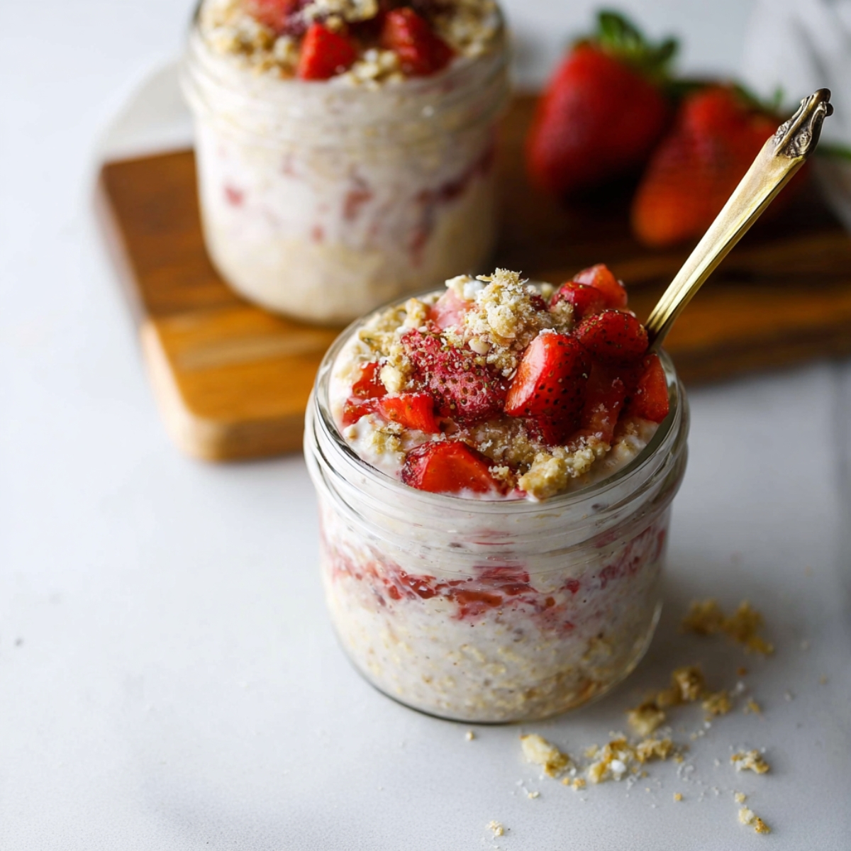 Jar of strawberry cheesecake overnight oats topped with fresh strawberries and oat crumbs, with a gold spoon.