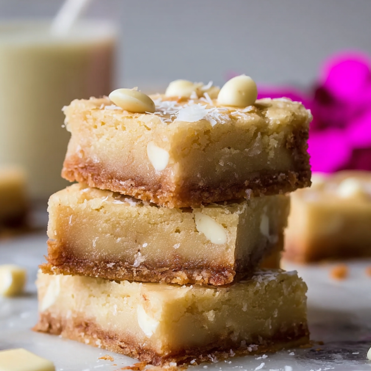 Stack of three golden white chocolate blondies with fudgy centers and visible chocolate chunks, on a gray surface with scattered chips.