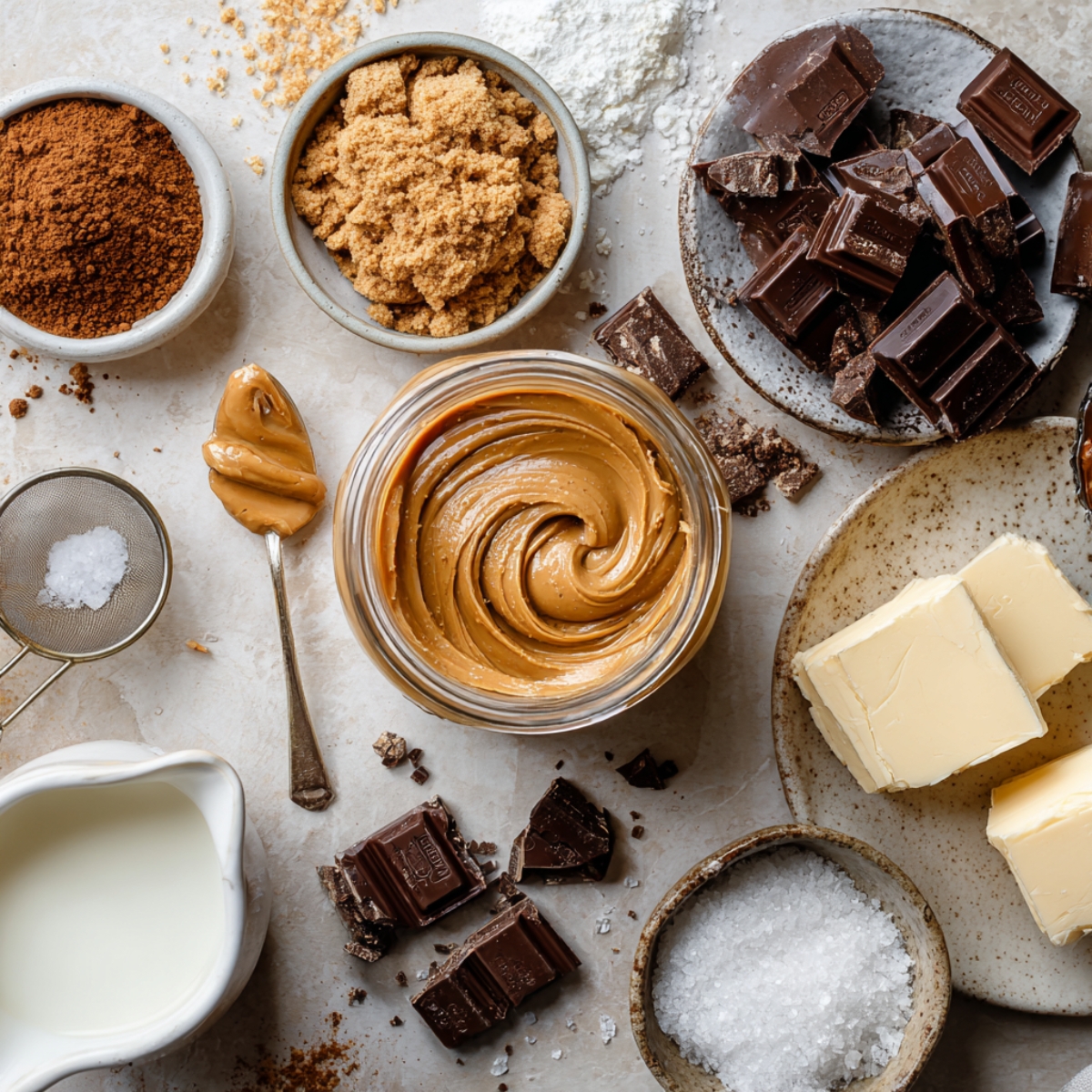 Overhead view of Biscoff truffle ingredients: a jar of creamy Biscoff spread, chopped dark chocolate, butter, cream, brown sugar, cocoa powder, powdered sugar, and sea salt on a stone countertop.