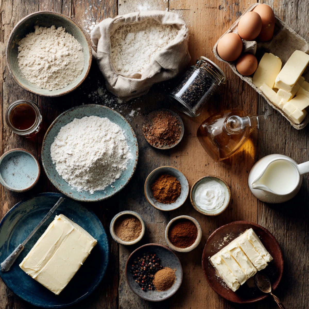 Chai spice cake ingredients on a rustic wooden table, including flour, butter, eggs, milk, tea, and warm spices.