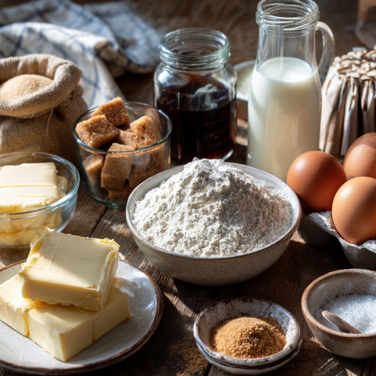 Ingredients for homemade chai spice cake: flour, butter, sugar, eggs, milk, tea, and spices on a rustic wooden table.