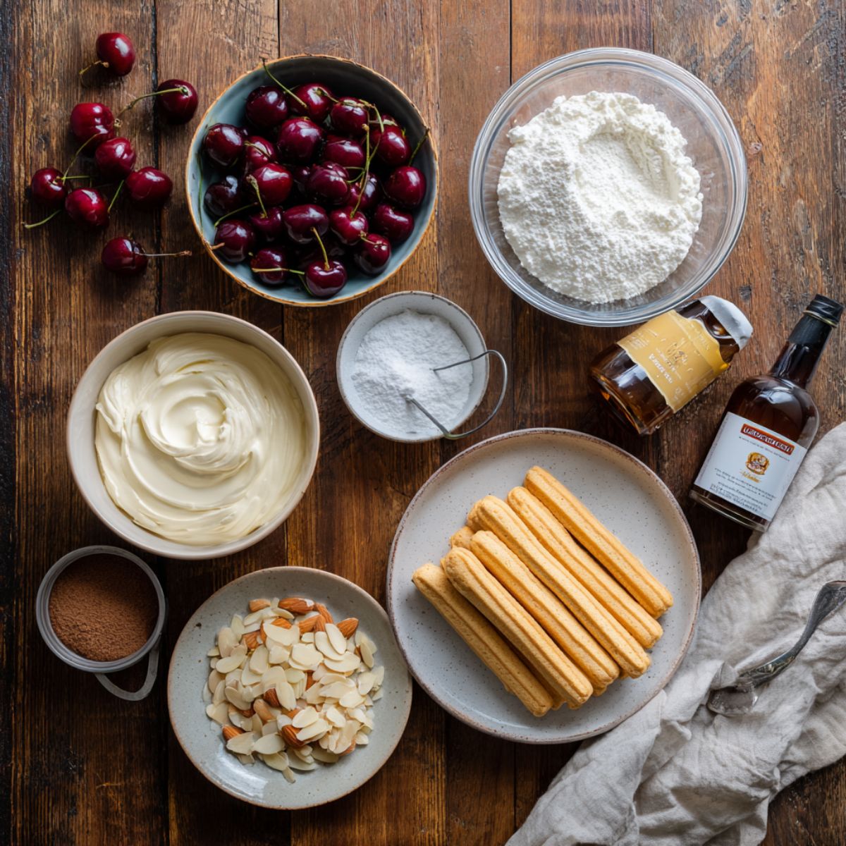 Overhead view of fresh cherries, mascarpone, whipped cream, powdered sugar, sliced almonds, ladyfingers, cocoa powder, amaretto, and vanilla arranged on a rustic wooden table for homemade Cherry Amaretto Tiramisu.
