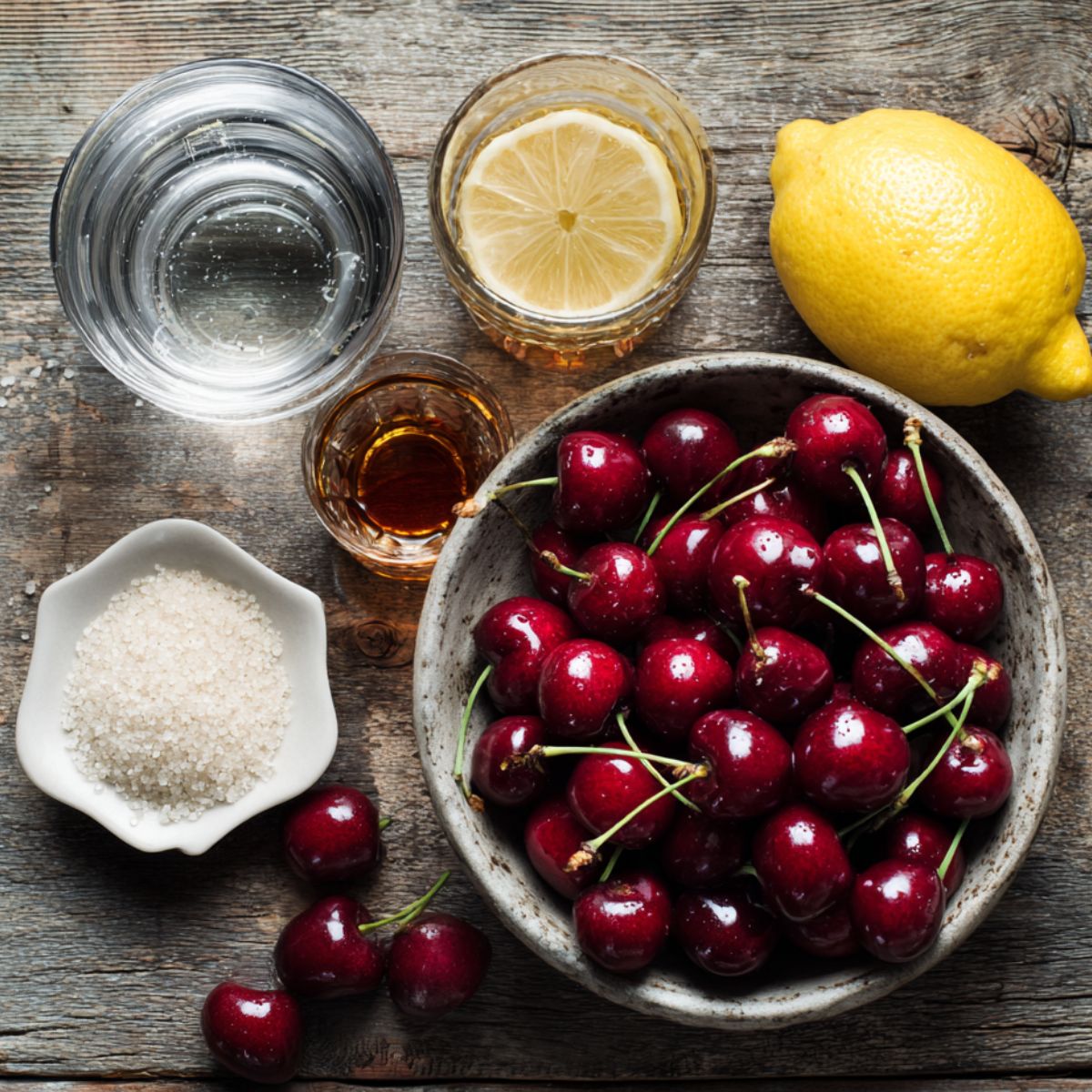 Overhead view of fresh cherries, water, amaretto, lemon slice, whole lemon, and coarse sugar on a rustic wooden table for homemade Cherry Amaretto Tiramisu.