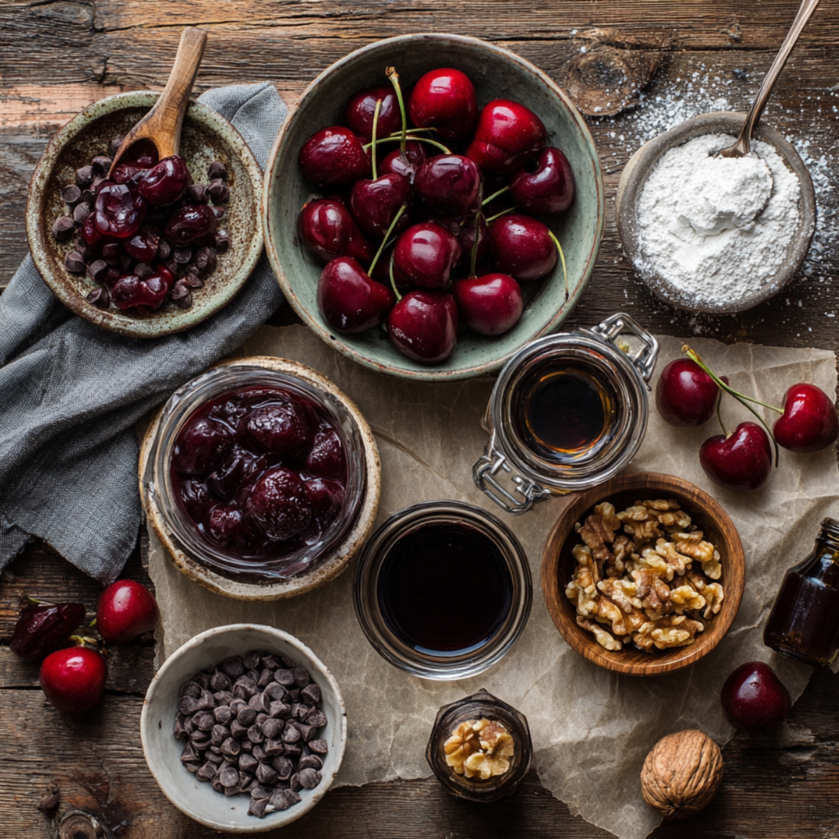 Top-down view of fresh cherries, cherry preserves, chocolate chips, walnuts, flour, and vanilla arranged on a rustic wooden table for homemade chocolate cherry brownies.