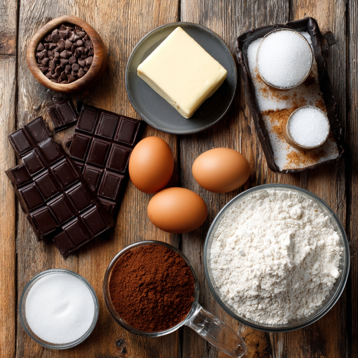 Top-down view of ingredients for homemade chocolate cherry brownies, including chocolate bars, cocoa powder, butter, eggs, flour, sugar, and chocolate chips on a rustic wooden table.