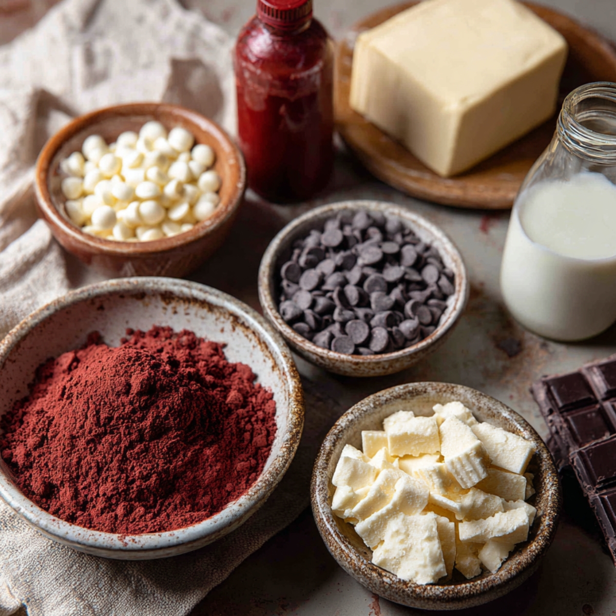 Ingredients for red velvet cookie dough, including cocoa powder, white and dark chocolate chips, cream cheese chunks, butter, milk, and red food coloring, arranged in bowls on a rustic surface.